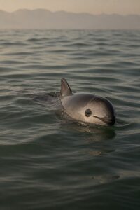 A tiny vaquita porpoise with dark panda-like eye rings surfacing in the murky green water of the upper Gulf of California