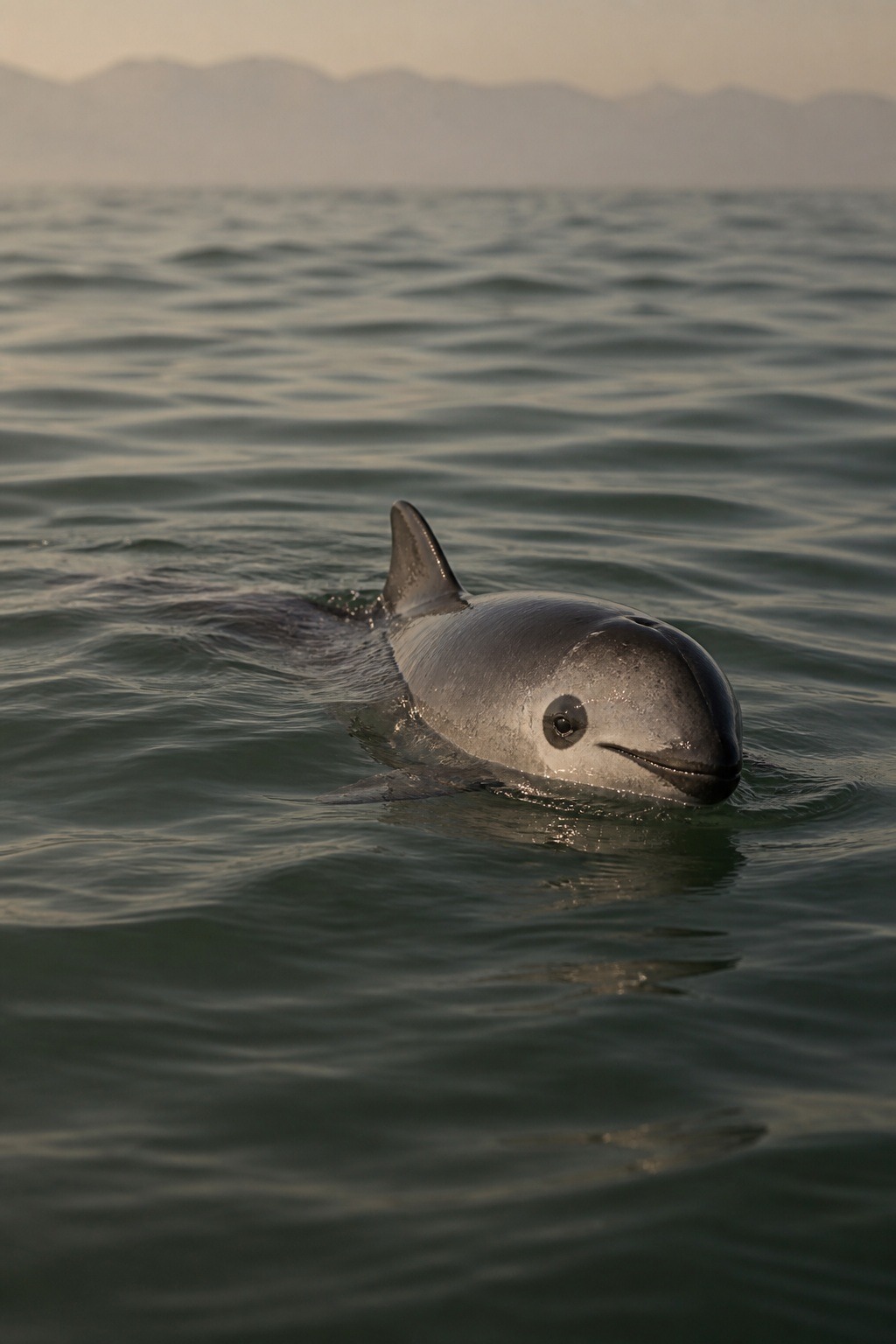 A tiny vaquita porpoise with dark panda-like eye rings surfacing in the murky green water of the upper Gulf of California