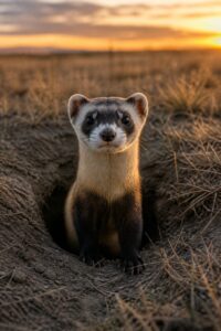 A black-footed ferret with its black bandit mask peering from a prairie dog burrow at dusk