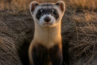 A black-footed ferret with its black bandit mask peering from a prairie dog burrow at dusk