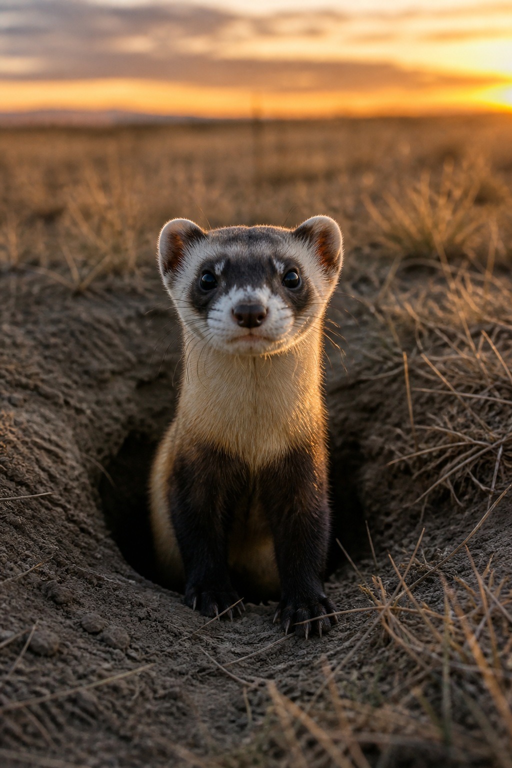 A black-footed ferret with its black bandit mask peering from a prairie dog burrow at dusk