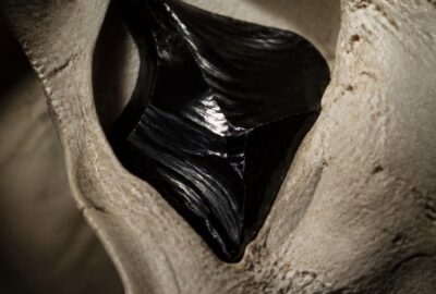 A small, glossy black fragment of vitrified brain matter resembling obsidian, resting against the pale bone of a Roman-era skull cavity