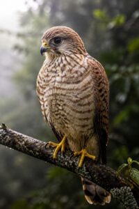 A Mauritius kestrel (Falco punctatus) perched on a mossy branch in native upland forest, sharp dark eyes and barred chestnut plumage