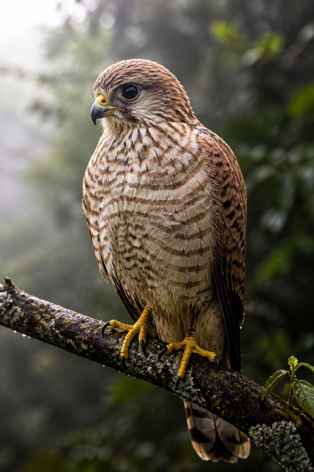 A Mauritius kestrel (Falco punctatus) perched on a mossy branch in native upland forest, sharp dark eyes and barred chestnut plumage