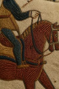 Close-up of the Bayeux Tapestry showing coloured wool embroidery stitched onto plain woven linen, with Norman horsemen and Latin lettering