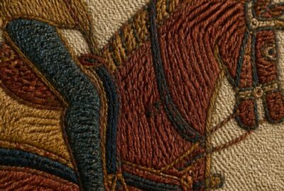 Close-up of the Bayeux Tapestry showing coloured wool embroidery stitched onto plain woven linen, with Norman horsemen and Latin lettering