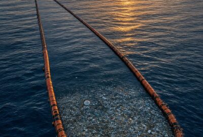 A U-shaped floating barrier towed across the open Pacific corralling plastic debris at sunrise