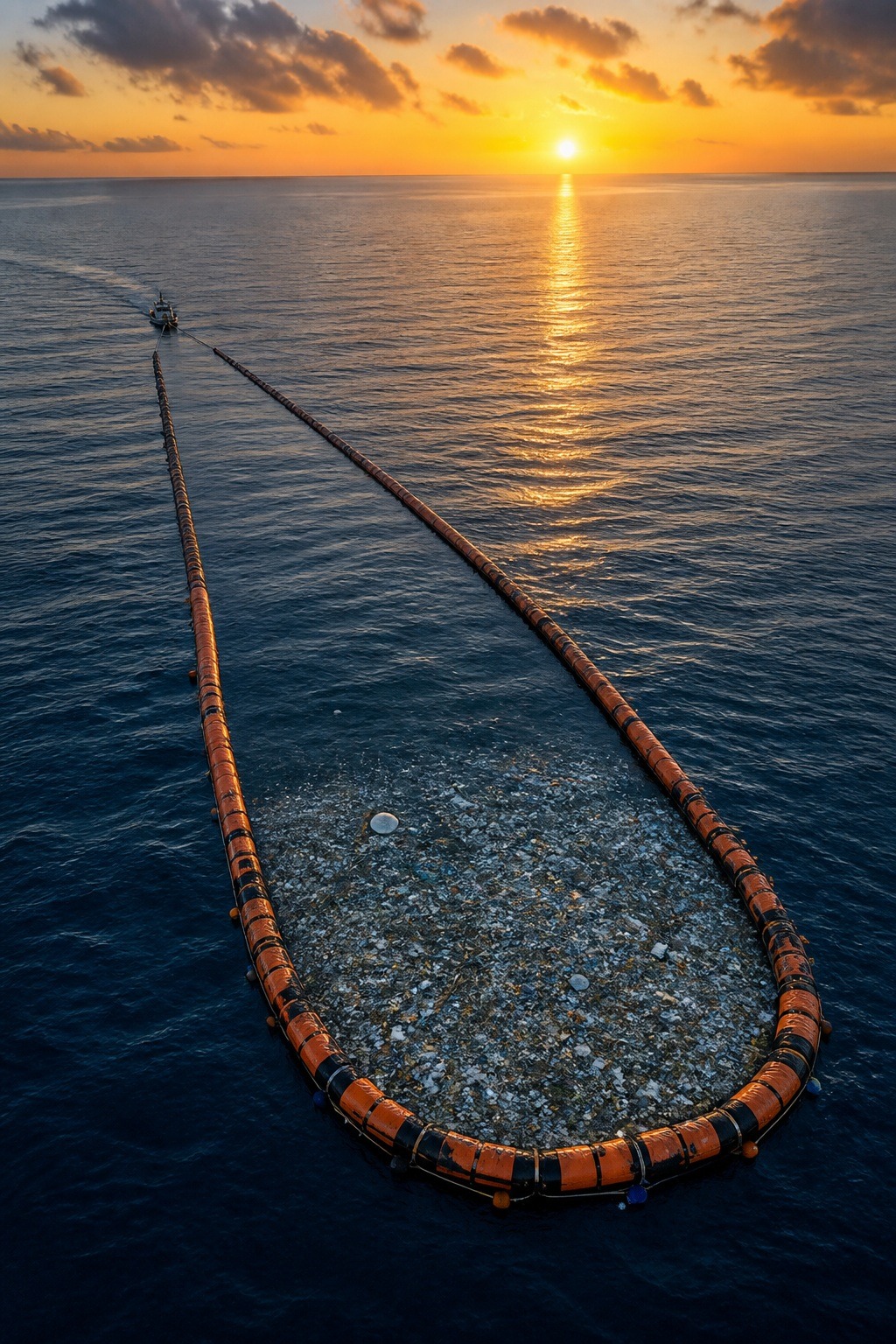A U-shaped floating barrier towed across the open Pacific corralling plastic debris at sunrise