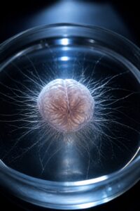 Macro view of a lab-grown human neural organoid with fine nerve fibres illuminated under laboratory light