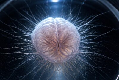 Macro view of a lab-grown human neural organoid with fine nerve fibres illuminated under laboratory light