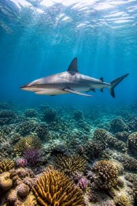 A gray reef shark cruising over a vibrant coral reef in the clear blue waters of the southwestern Pacific