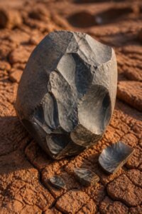 Sharp-edged 3.3-million-year-old Lomekwian stone core and flakes resting on the sun-cracked red earth of West Turkana, Kenya