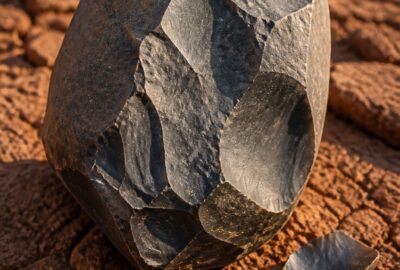 Sharp-edged 3.3-million-year-old Lomekwian stone core and flakes resting on the sun-cracked red earth of West Turkana, Kenya
