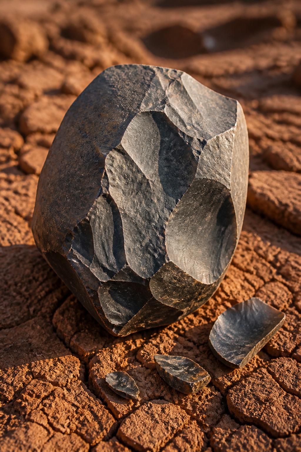 Sharp-edged 3.3-million-year-old Lomekwian stone core and flakes resting on the sun-cracked red earth of West Turkana, Kenya