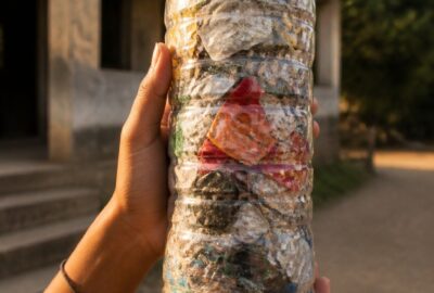 A child's hands holding a clear bottle tightly packed with colourful plastic wrappers — a finished eco-brick — outside a rural classroom