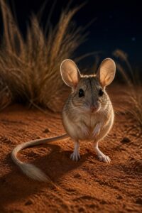 A spinifex hopping mouse (Notomys alexis) with large ears and long tufted tail on red desert sand at night