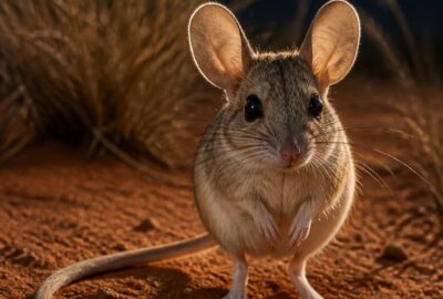 A spinifex hopping mouse (Notomys alexis) with large ears and long tufted tail on red desert sand at night