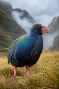 A takahē, a large flightless rail with navy-blue and turquoise plumage and a scarlet beak, standing in alpine snow tussock in the New Zealand mountains