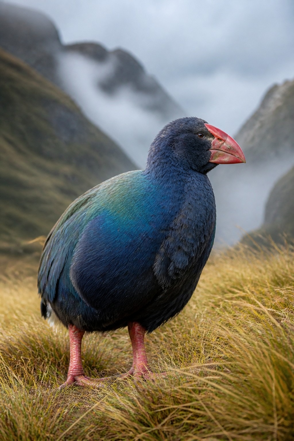 A takahē, a large flightless rail with navy-blue and turquoise plumage and a scarlet beak, standing in alpine snow tussock in the New Zealand mountains