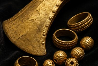 Ancient Varna gold artifacts and rings glinting in dark museum light, the oldest worked gold on Earth