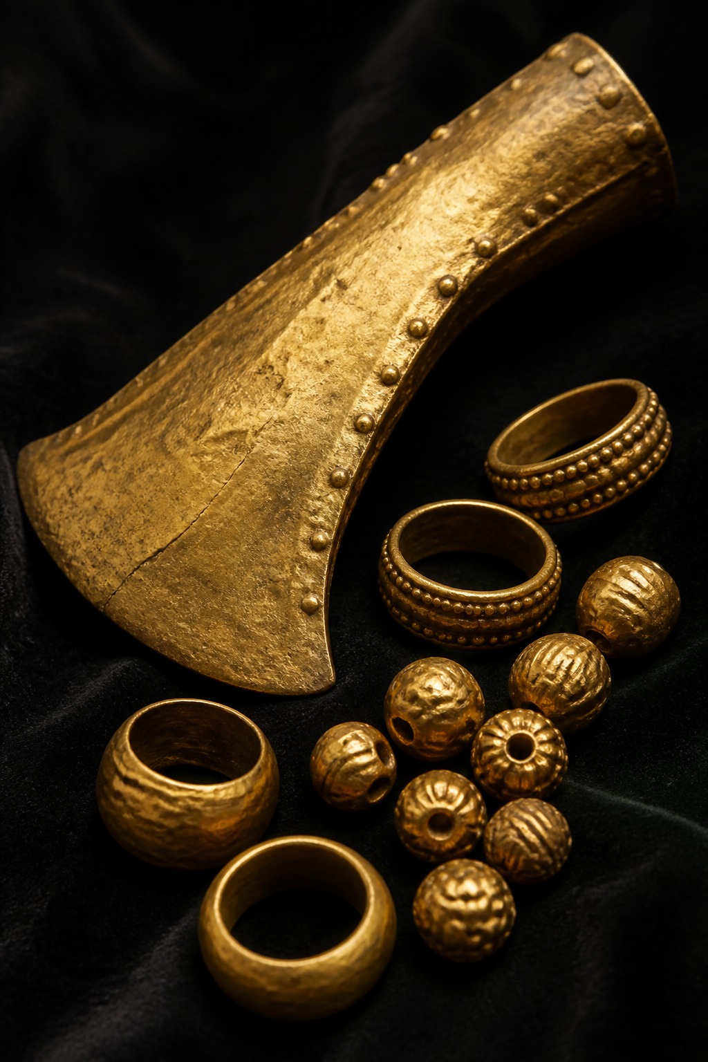 Ancient Varna gold artifacts and rings glinting in dark museum light, the oldest worked gold on Earth