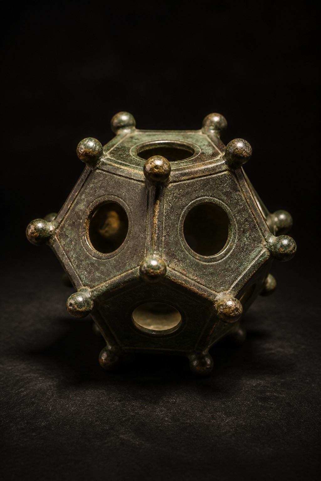 A hollow twelve-sided Roman bronze dodecahedron with round holes of different sizes and knobbed corners, lit dramatically on a dark background