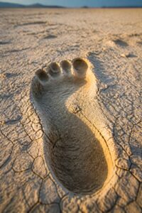 Fossilized human footprint pressed into the pale dried lakebed at White Sands National Park, New Mexico, in raking Ice Age light