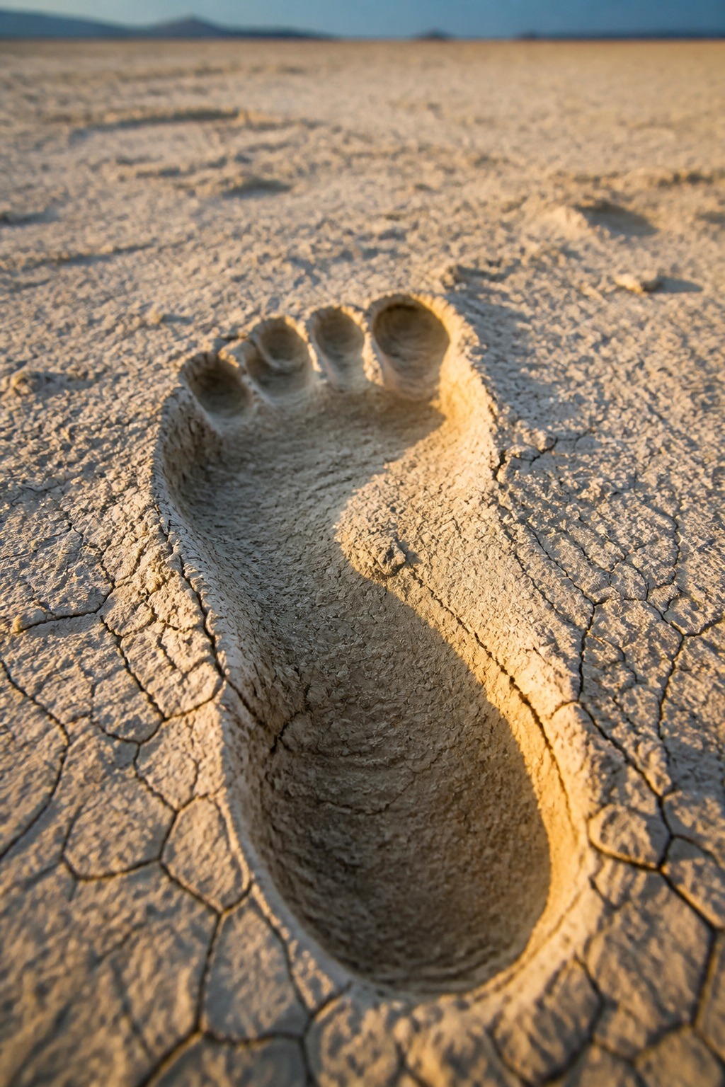 Fossilized human footprint pressed into the pale dried lakebed at White Sands National Park, New Mexico, in raking Ice Age light