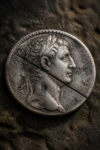 Ancient Roman silver denarius with an emperor's portrait bearing a deliberate slash mark, resting on dark temple stone