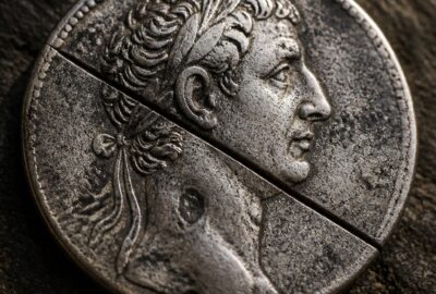 Ancient Roman silver denarius with an emperor's portrait bearing a deliberate slash mark, resting on dark temple stone