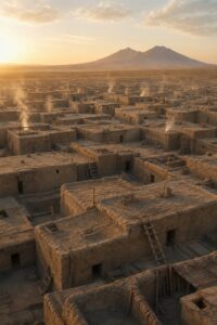 Reconstruction of Çatalhöyük's honeycomb of mudbrick houses with rooftop ladders, showing why Çatalhöyük had no streets