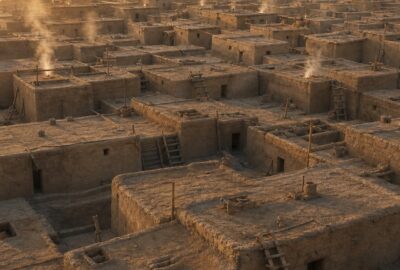 Reconstruction of Çatalhöyük's honeycomb of mudbrick houses with rooftop ladders, showing why Çatalhöyük had no streets