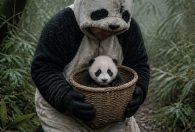 Why do panda keepers wear panda costumes — a CCRCGP keeper in a scent-treated panda suit carrying a giant panda cub in a basket at Wolong