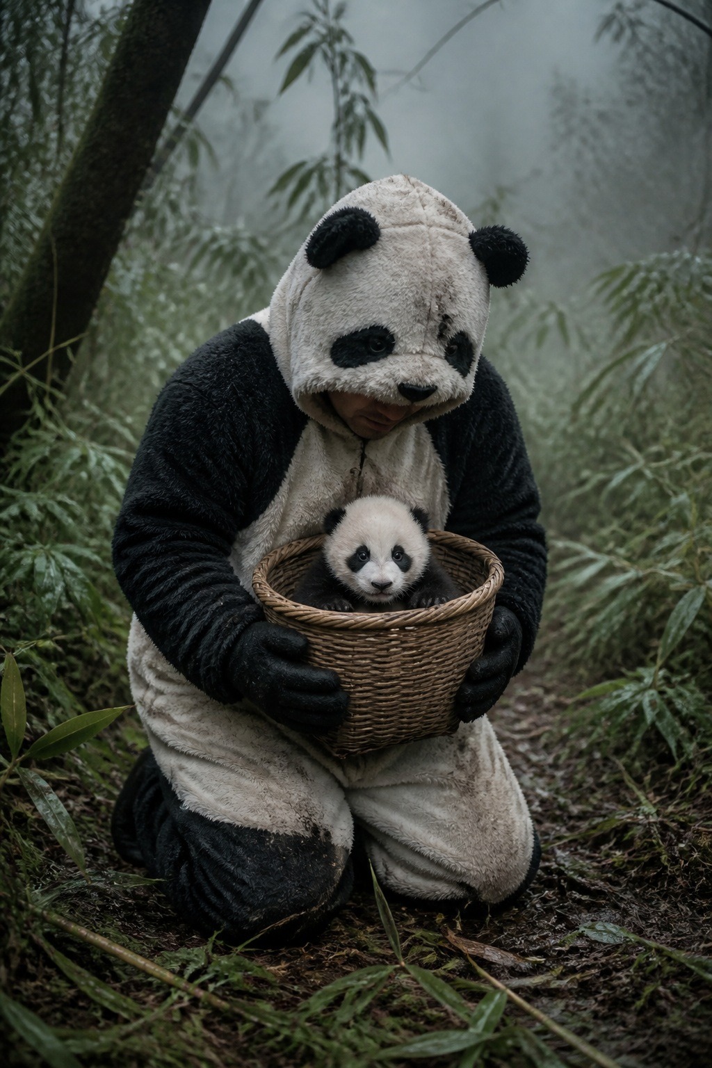 Why do panda keepers wear panda costumes — a CCRCGP keeper in a scent-treated panda suit carrying a giant panda cub in a basket at Wolong