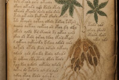 An open medieval vellum manuscript covered in unknown looping Voynichese script beside a hand-drawn plant, lit like a museum artifact