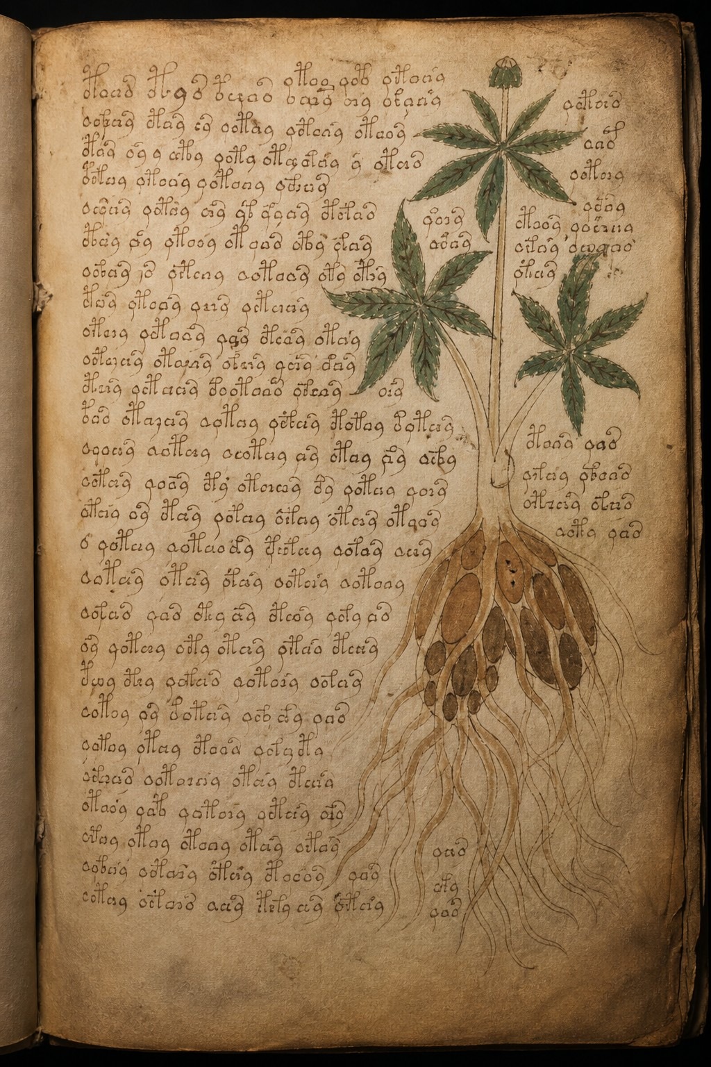 An open medieval vellum manuscript covered in unknown looping Voynichese script beside a hand-drawn plant, lit like a museum artifact