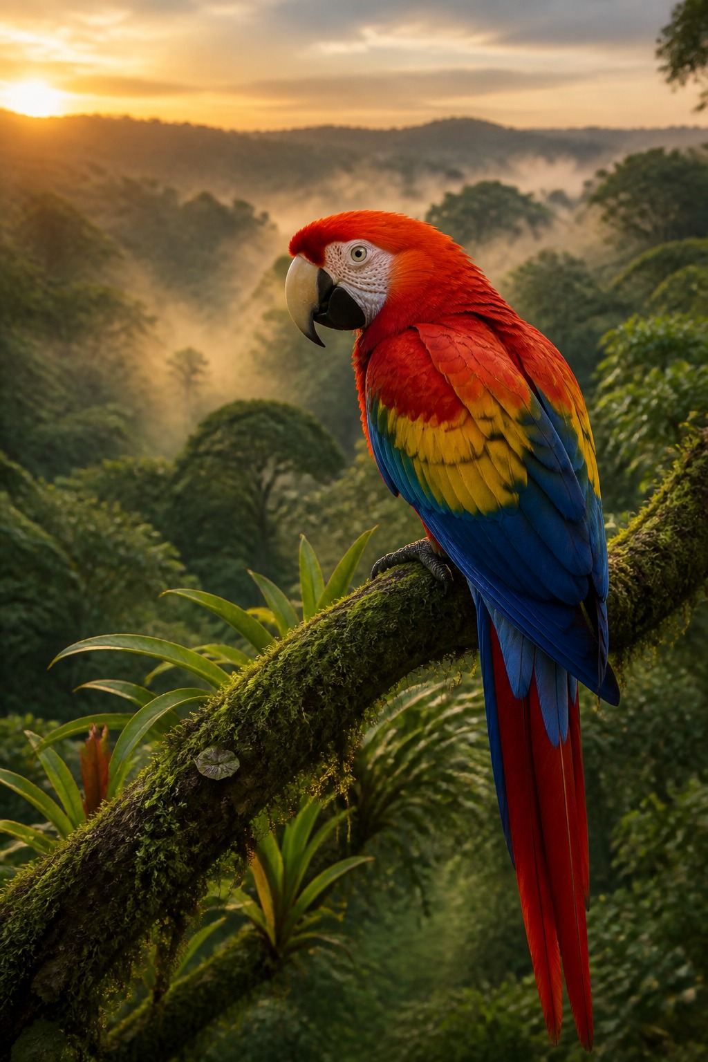 A dense, misty Yasuní rainforest canopy at dawn in the Ecuadorian Amazon, layered green treetops fading into fog