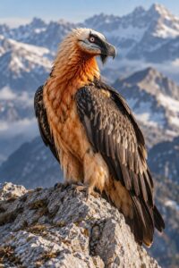 Adult bearded vulture with rust-orange stained head, neck and breast feathers perched on grey limestone in the Pyrenees