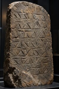 A weathered grey greywacke slab standing upright in a dim museum case, shallow angular chisel marks catching raking light