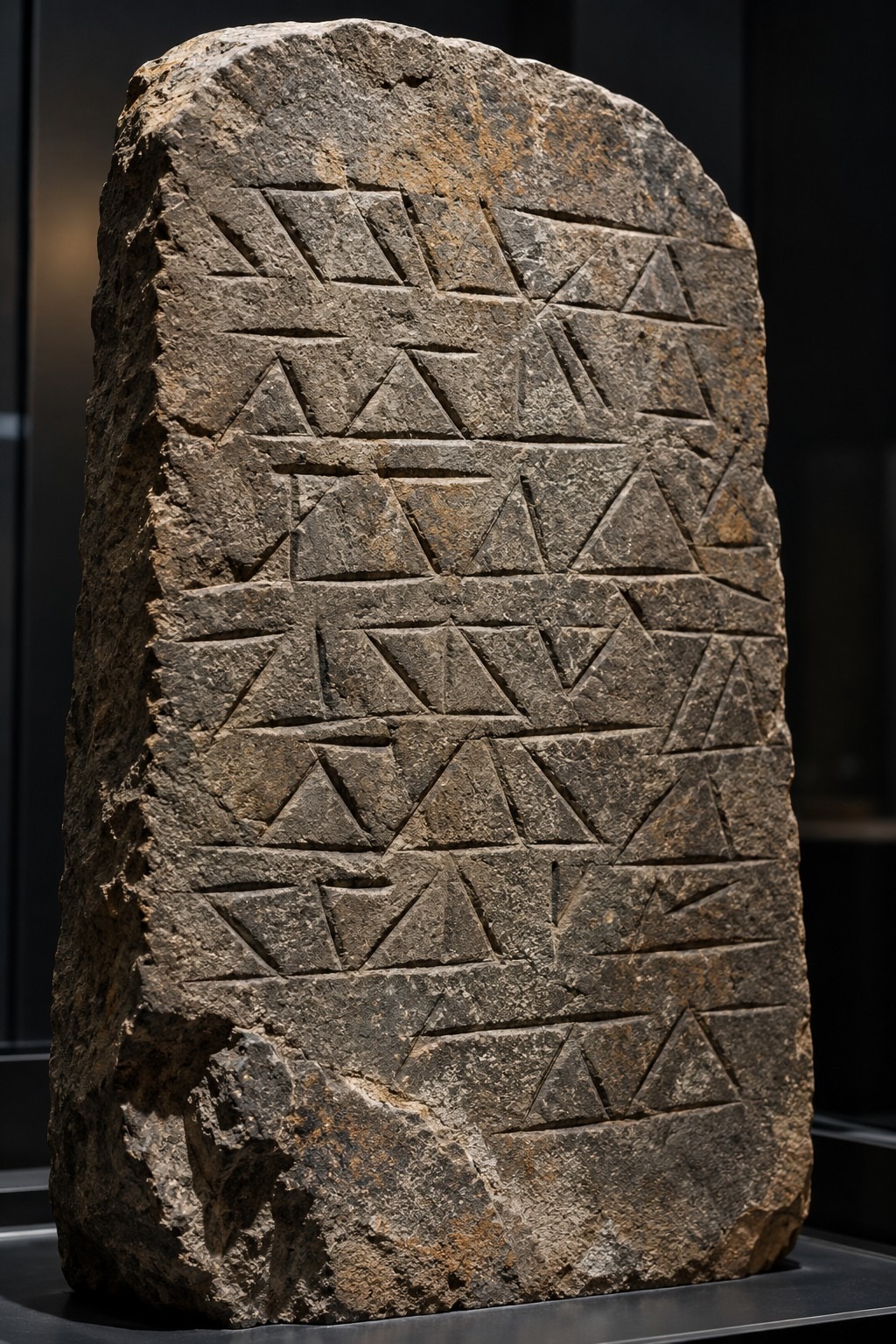 A weathered grey greywacke slab standing upright in a dim museum case, shallow angular chisel marks catching raking light