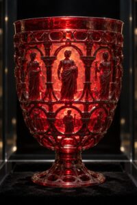 An ancient Roman cage-cup glass vessel glowing deep wine red as light passes through its carved openwork walls in a darkened museum case