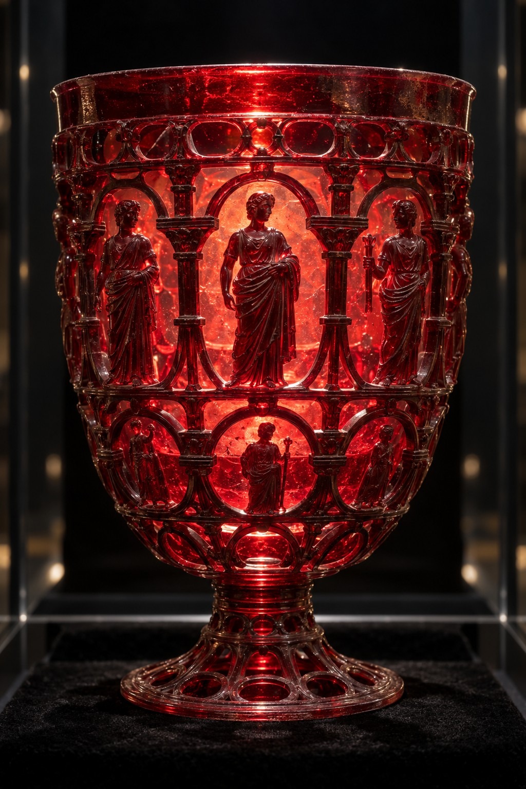 An ancient Roman cage-cup glass vessel glowing deep wine red as light passes through its carved openwork walls in a darkened museum case