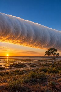 A long, low roll cloud of the Burketown morning glory sweeping across the Gulf of Carpentaria at sunrise