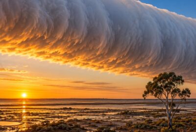 A long, low roll cloud of the Burketown morning glory sweeping across the Gulf of Carpentaria at sunrise