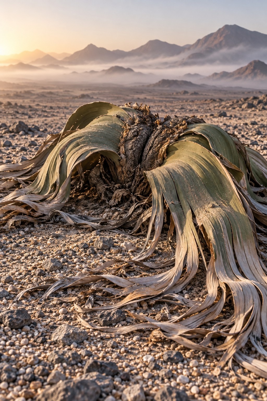 A single ancient Welwitschia mirabilis plant with two long shredded ribbon leaves sprawling across the gravel plains of the Namib Desert in low morning light